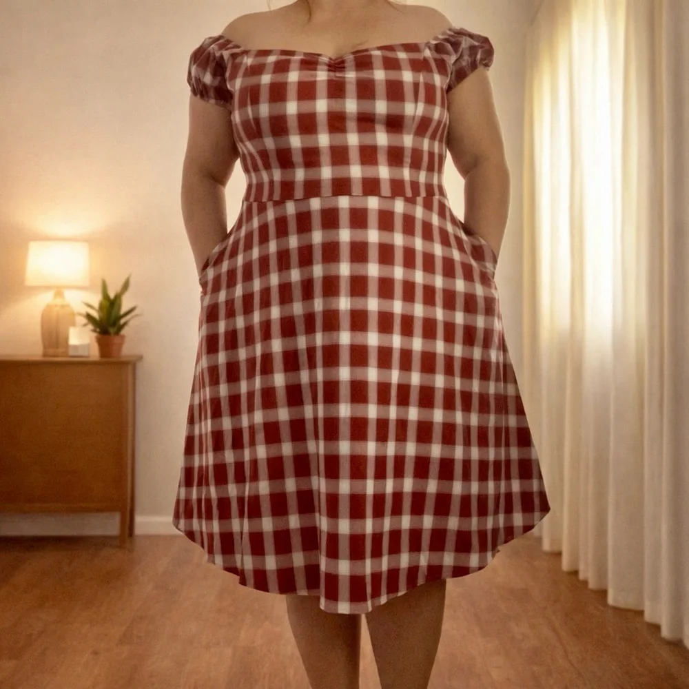 2x women’s gingham plaid off shoulder midi dress royal monk 3x 2xl 3x retro - Picture 1 of 7